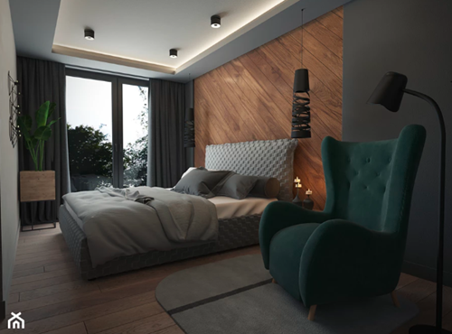 ruda chata-blog-pomysl na sciane za lozkiem-drewnania ściana za łóżkiem-panele drewniane na ścianie-zielony fote uszak-lozko tapicerowane-vivino studio