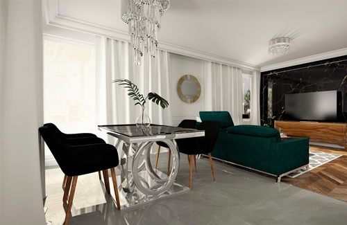 ruda chata-blog-wnętrze w stylu glamour-oswietlenie-salon-zielona kanapa-szklany stół-materiały w glamour