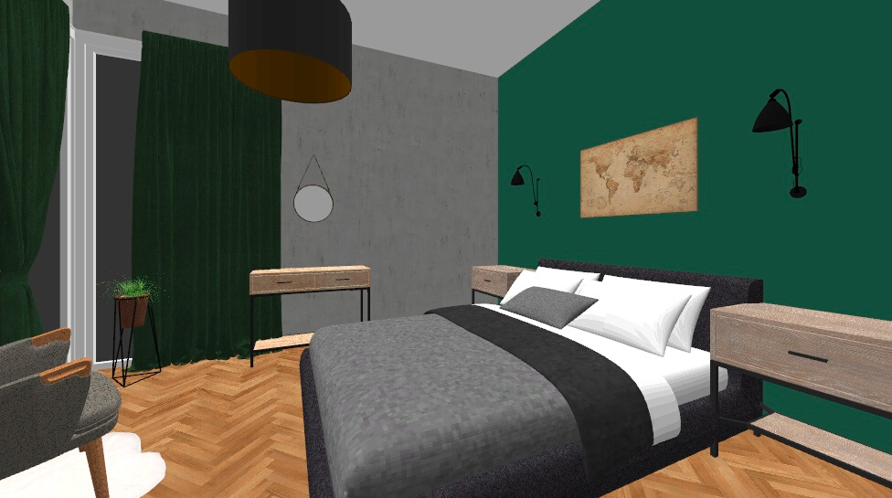 ruda chata-blog-sypialnia z zieloną scianą-projekt1