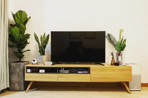 ruda chata-blog-aranżacje ściany z tv-biała ściana, rośliny w salnie prze telewizorze-telewizor w salonie