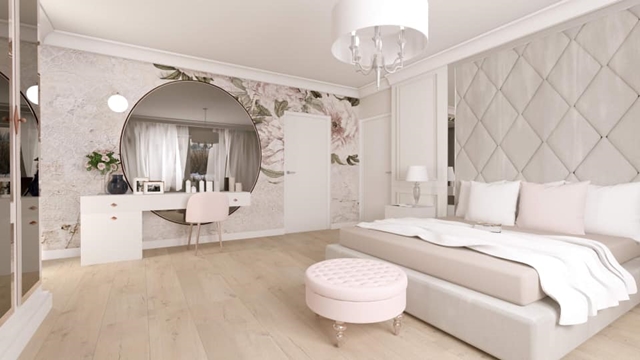 ruda chata-blog-wnętrze w stylu glamour-duża jasna sypialnia-tapeta w kwiaty-ogromne lustro-pikowany zagłówek łóżka-pufa glamour
